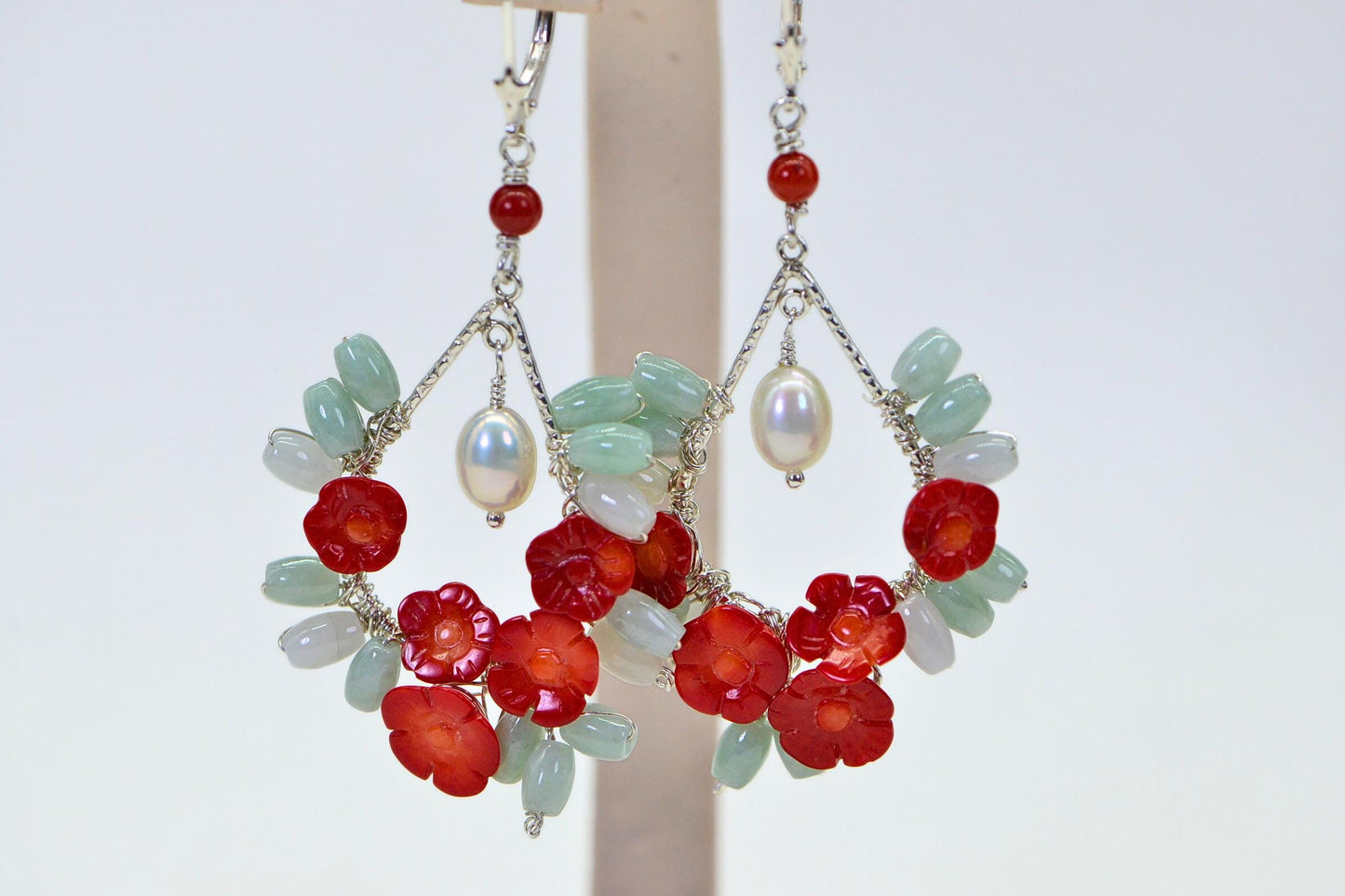 Handmade Sterling Silver Flower Earrings: Red Coral, Burma Jade & White Pearl