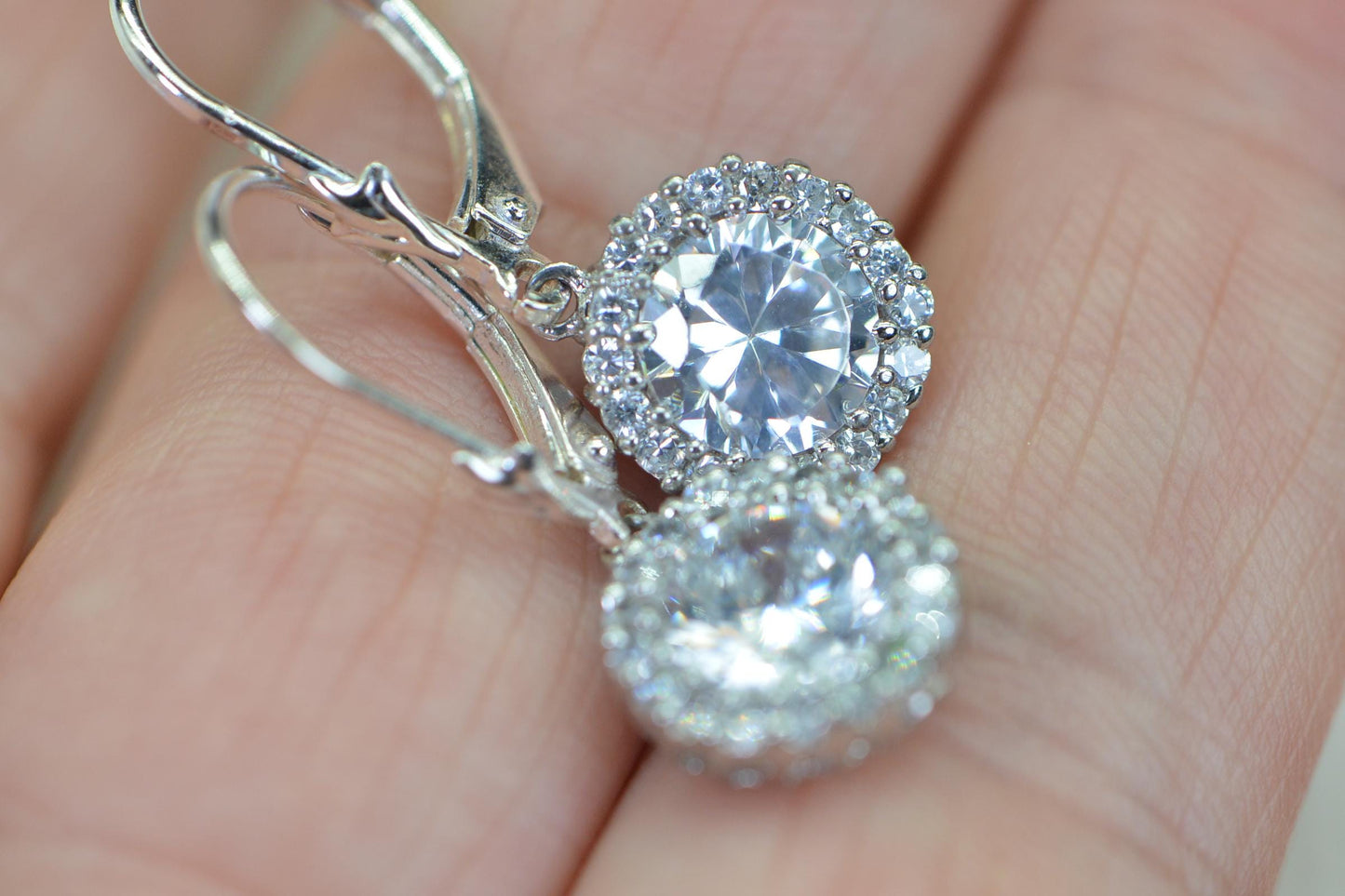 Halo Simulated Diamond Dangle Earrings: 14K Gold Sterling Silver