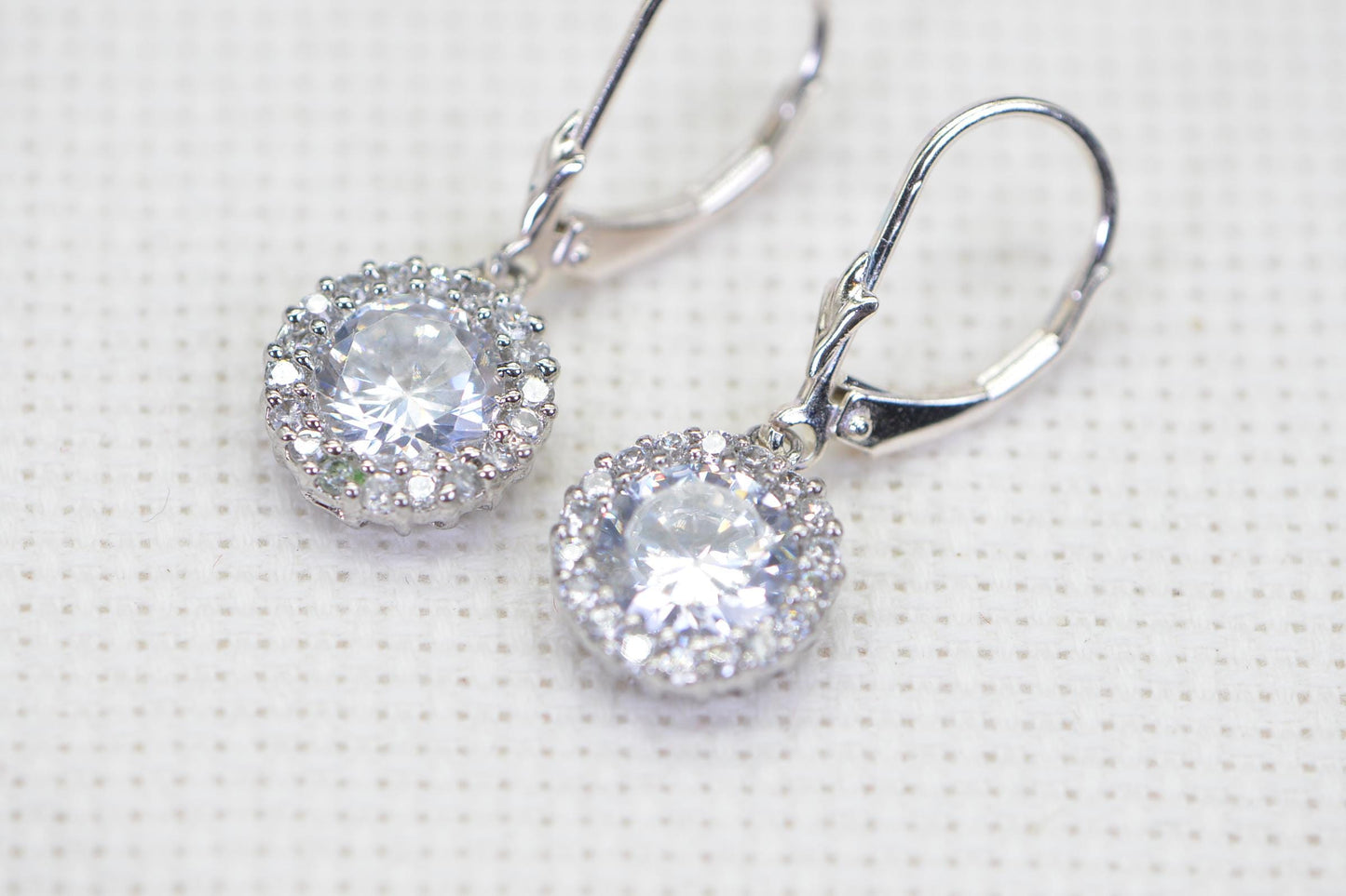Halo Simulated Diamond Dangle Earrings: 14K Gold Sterling Silver