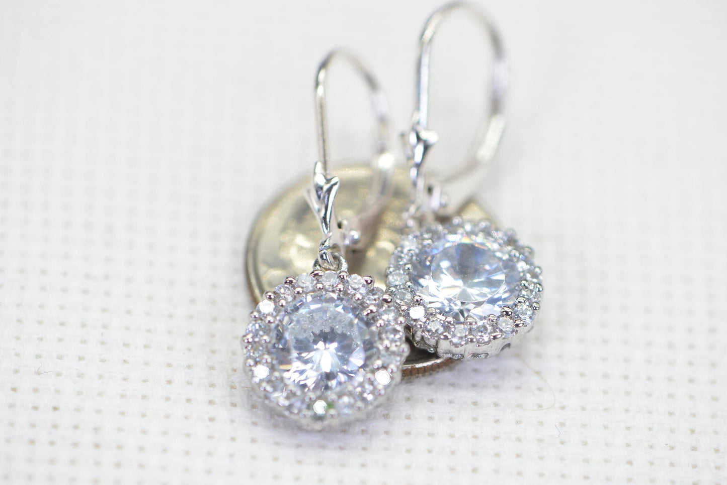 Halo Simulated Diamond Dangle Earrings: 14K Gold Sterling Silver