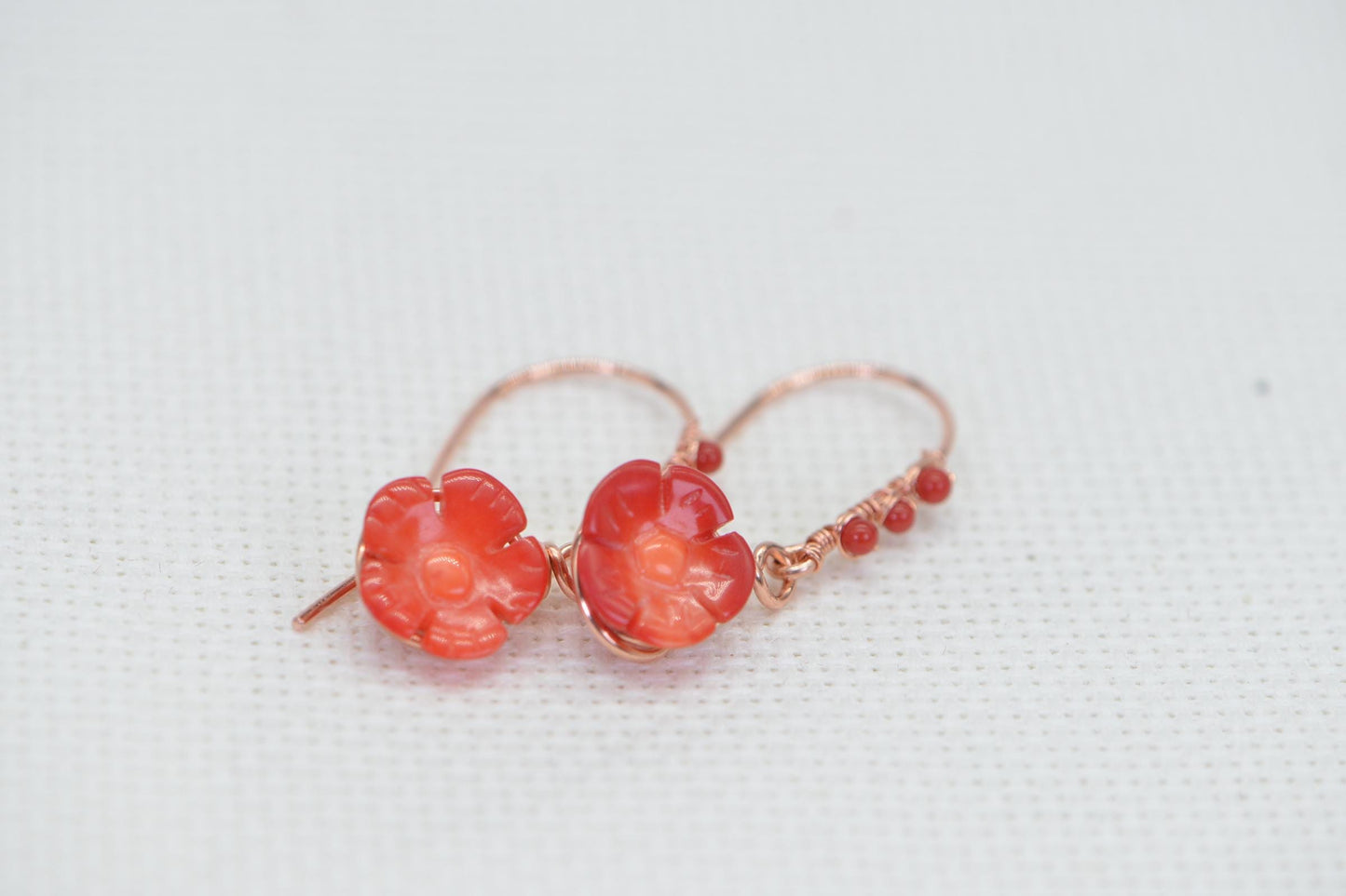 Carved Poppy Flower Red Coral Earrings: Wire Wrapped Copper