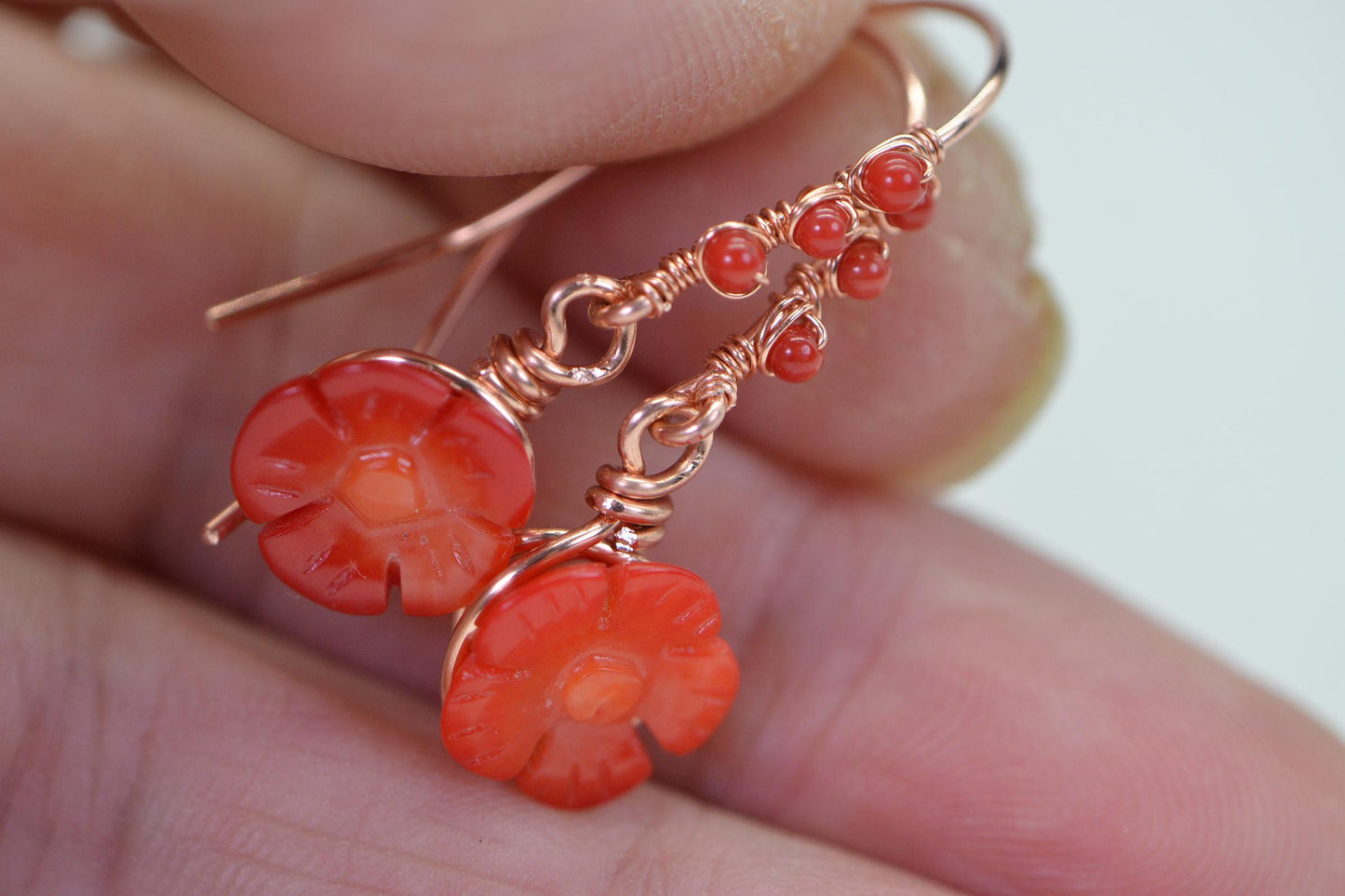 Carved Poppy Flower Red Coral Earrings: Wire Wrapped Copper