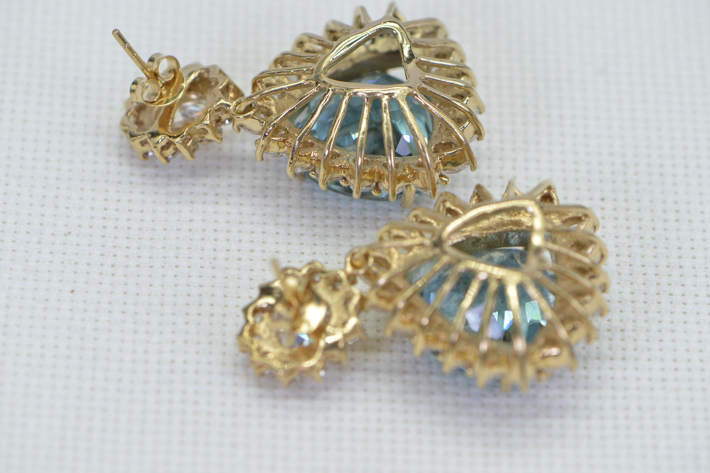 Vintage Aquamarine Statement Earrings: Trillion Cut, 14K Gold Over Sterling Silver