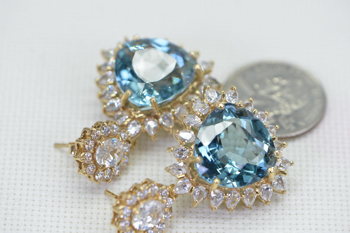 Vintage Aquamarine Statement Earrings: Trillion Cut, 14K Gold Over Sterling Silver