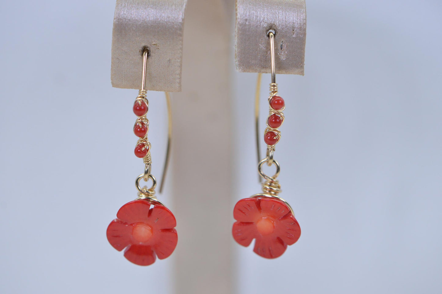 Carved Poppy Flower Red Coral Earrings: Wire Wrapped Copper