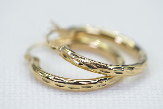 14K Gold Texture Style Hoop Earrings 14K Gold Over Sterling silver Vermeil Dome One Inch Hinge Hoop Earrings Gift for Women Birthday Gift