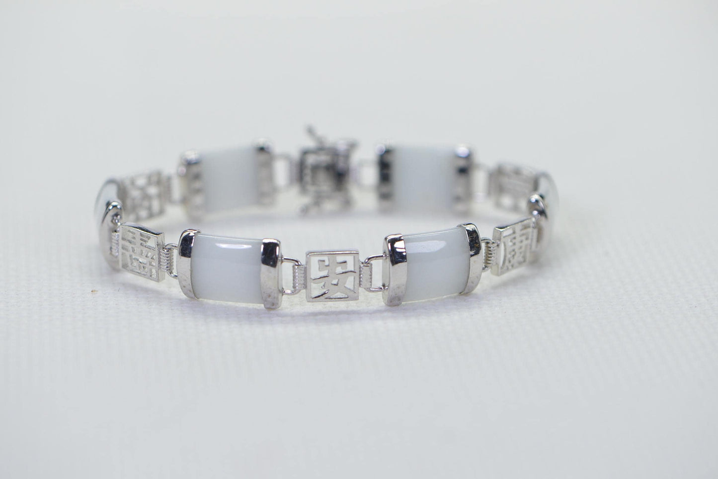 Burmese White Jade Bracelet: 18K White Gold over Sterling Silver