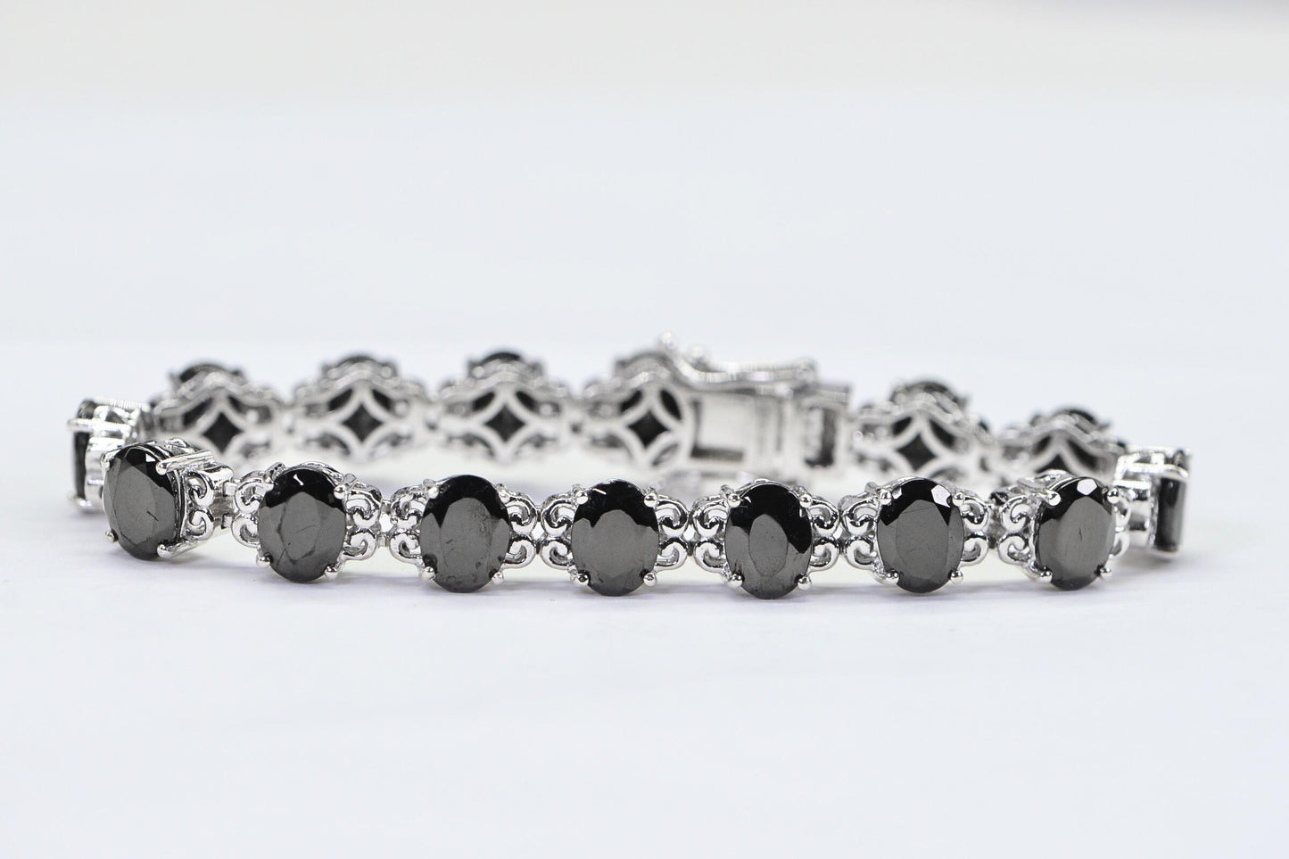 Black Tourmaline Tennis Bracelet: Platinum Over Sterling Silver, Filigree Setting