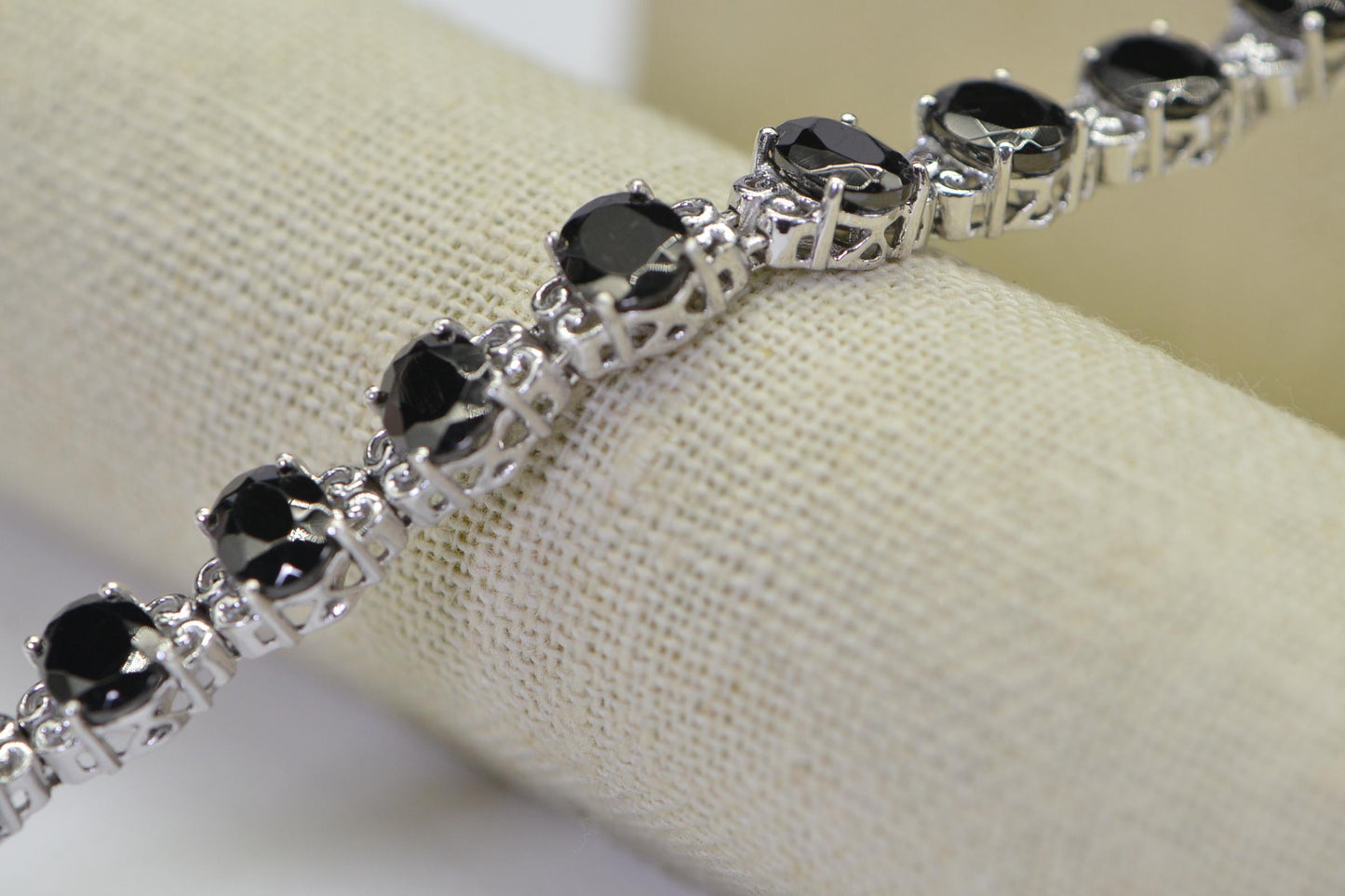 Black Tourmaline Tennis Bracelet: Platinum Over Sterling Silver, Filigree Setting