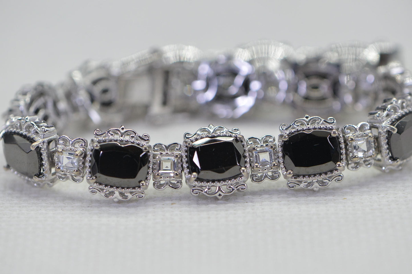 Black Tourmaline Tennis Bracelet: Platinum Over Sterling Silver, Simulated Diamond