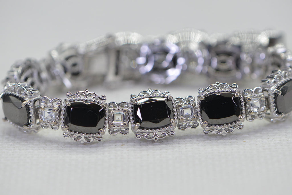Black Tourmaline & White Topaz Sterling Silver Tennis Bracelet - 8 inch