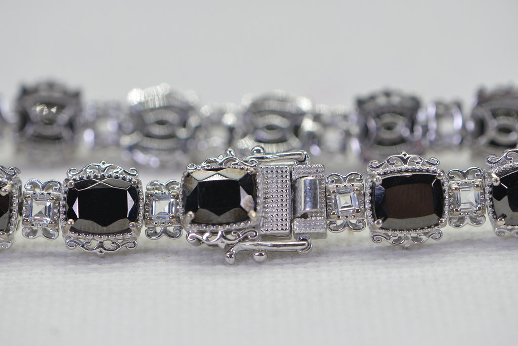 Black Tourmaline & White Topaz Sterling Silver Tennis Bracelet - 8 inch