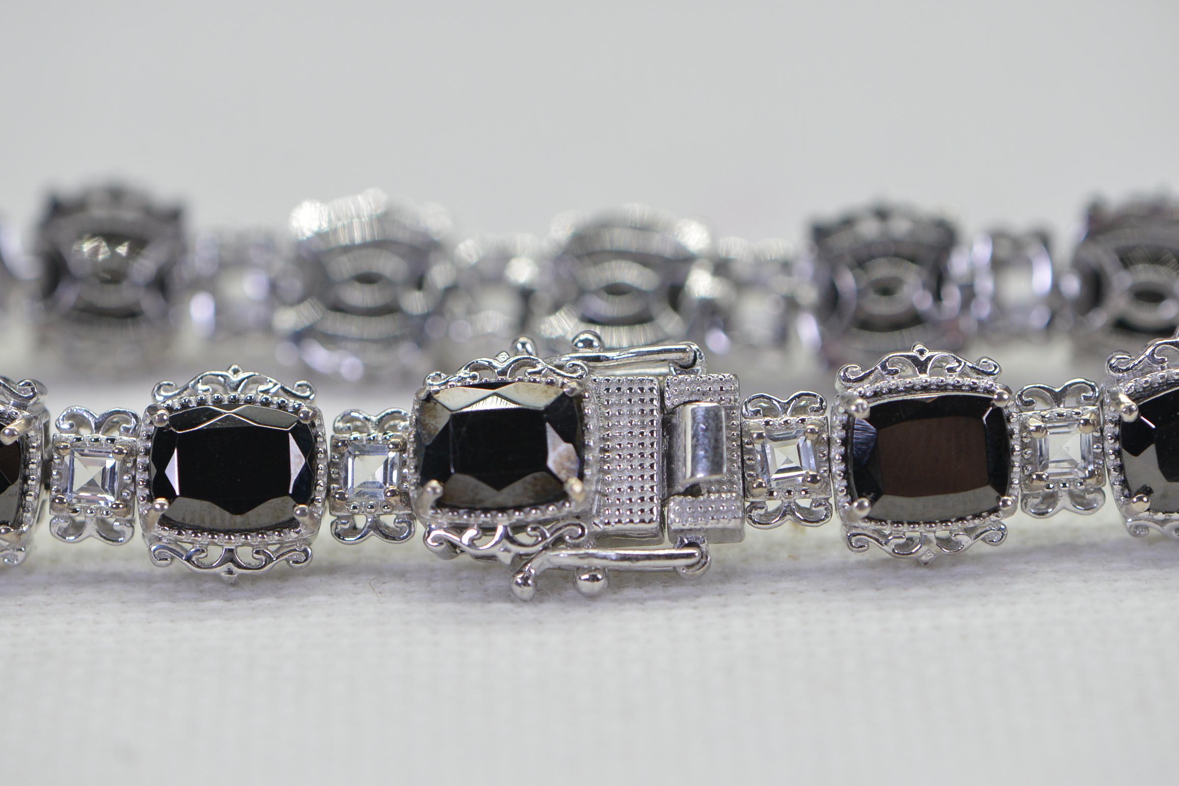 Black Tourmaline & White Topaz Sterling Silver Tennis Bracelet - 8 inch