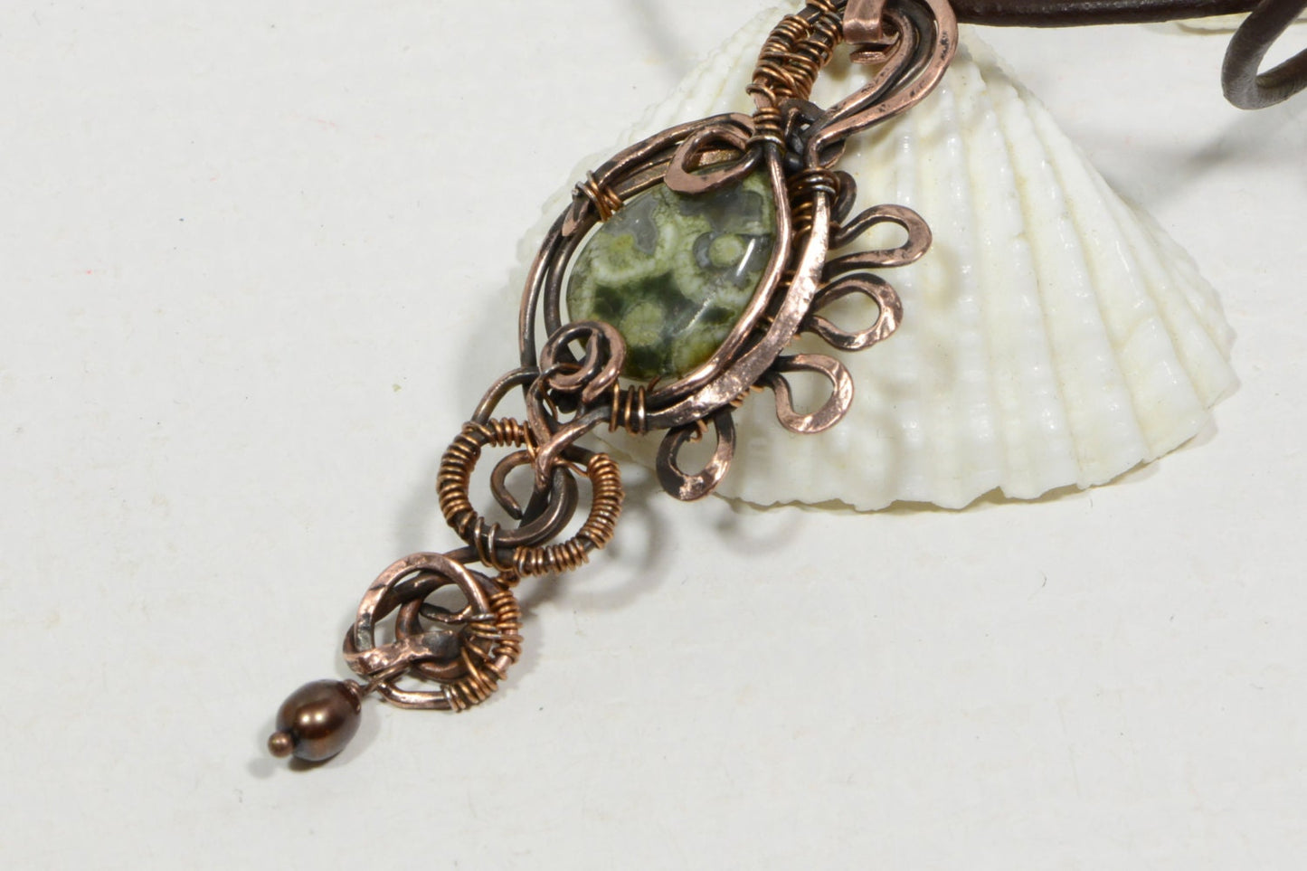 Rainforest Jasper Copper Wire Wrapped Pendant, Handmade Jewelry