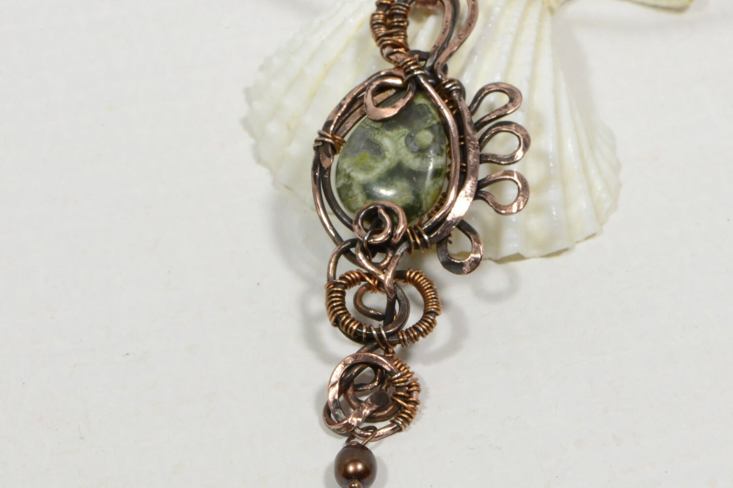 Rainforest Jasper Copper Wire Wrapped Pendant, Handmade Jewelry