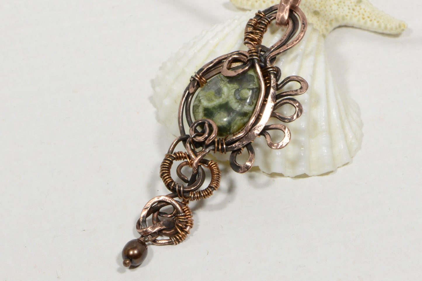 Rainforest Jasper Copper Wire Wrapped Pendant, Handmade Jewelry