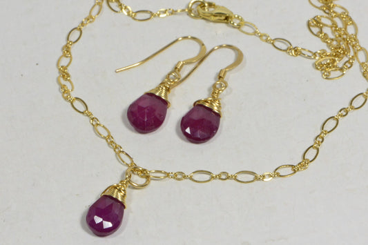 Wire Wrapped Ruby Jewelry Set, 14K Gold Filled Necklace Earrings