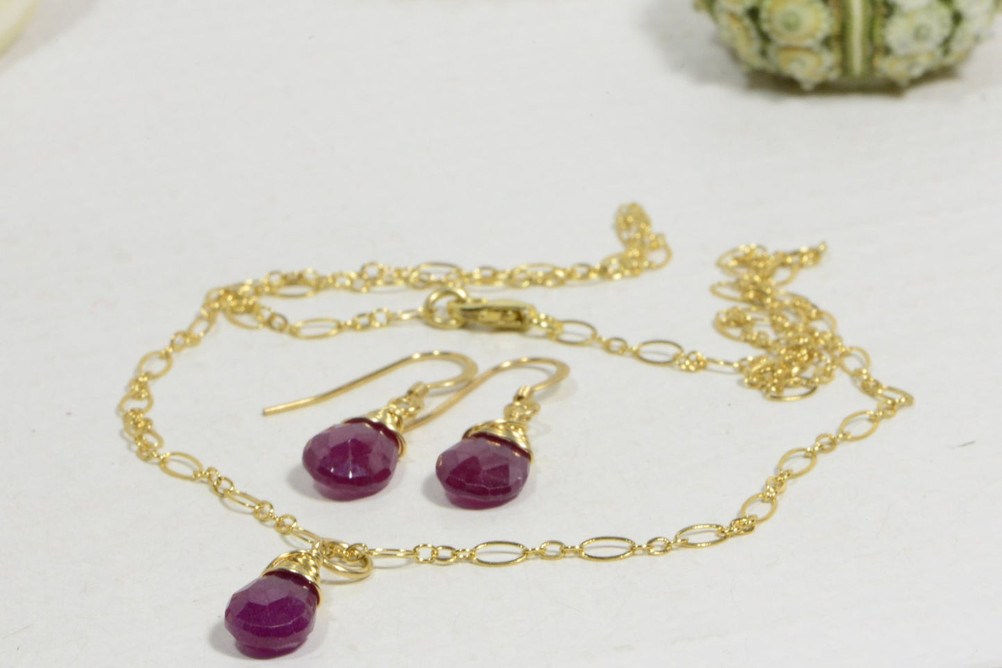 Wire Wrapped Ruby Jewelry Set, 14K Gold Filled Necklace Earrings
