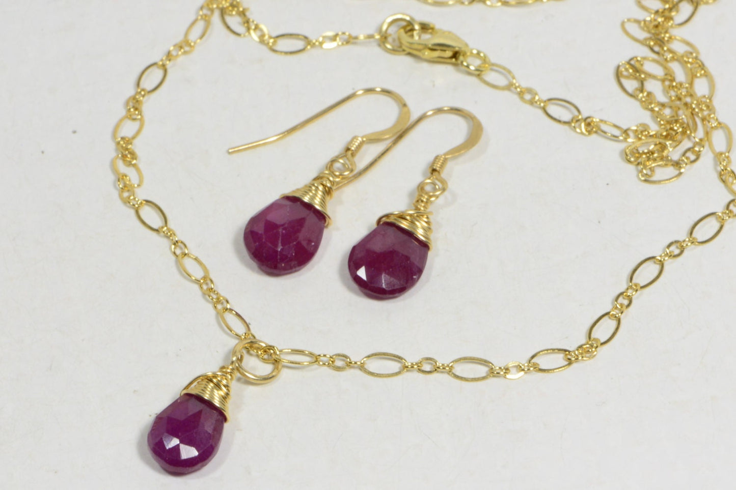 Wire Wrapped Ruby Jewelry Set, 14K Gold Filled Necklace Earrings