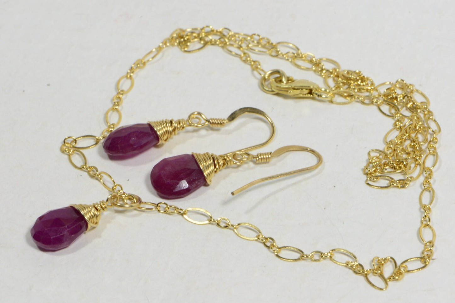 Wire Wrapped Ruby Jewelry Set, 14K Gold Filled Necklace Earrings