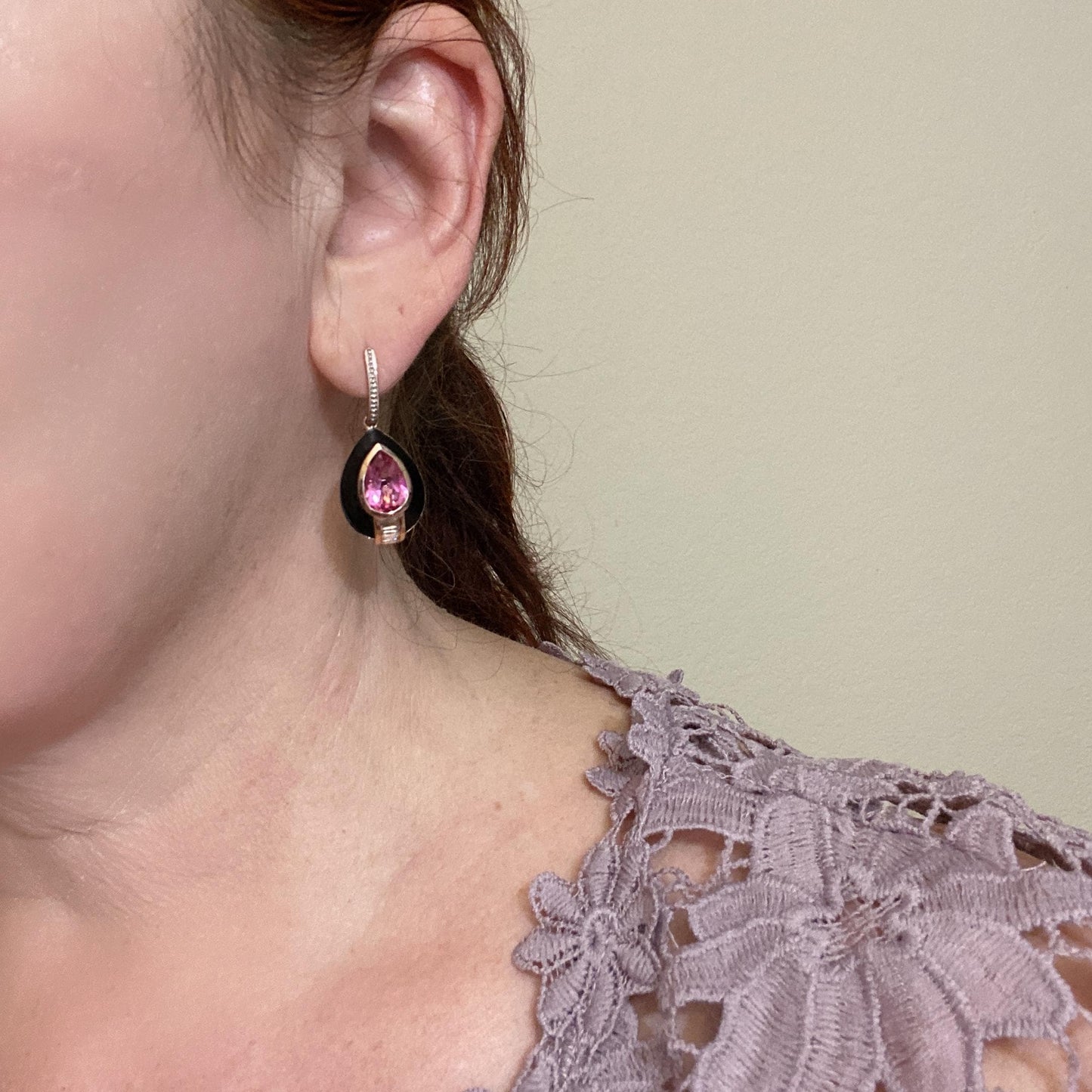 Pink Topaz Teardrop Earrings, Rose Gold Over Sterling Silver, Black Enamel