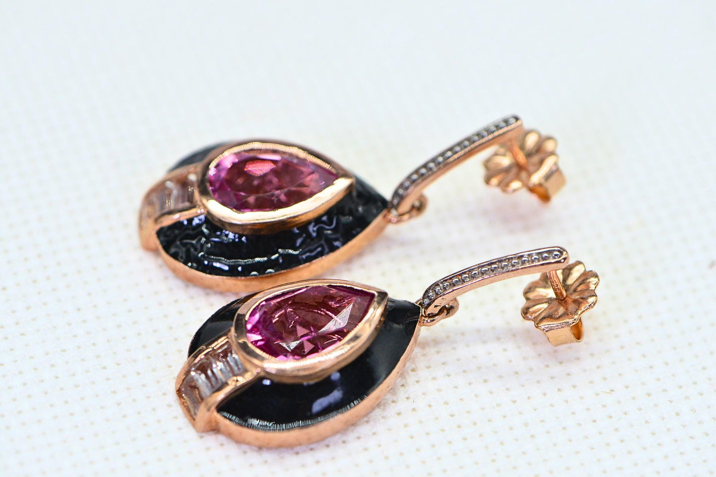Pink Topaz Teardrop Earrings, Rose Gold Over Sterling Silver, Black Enamel