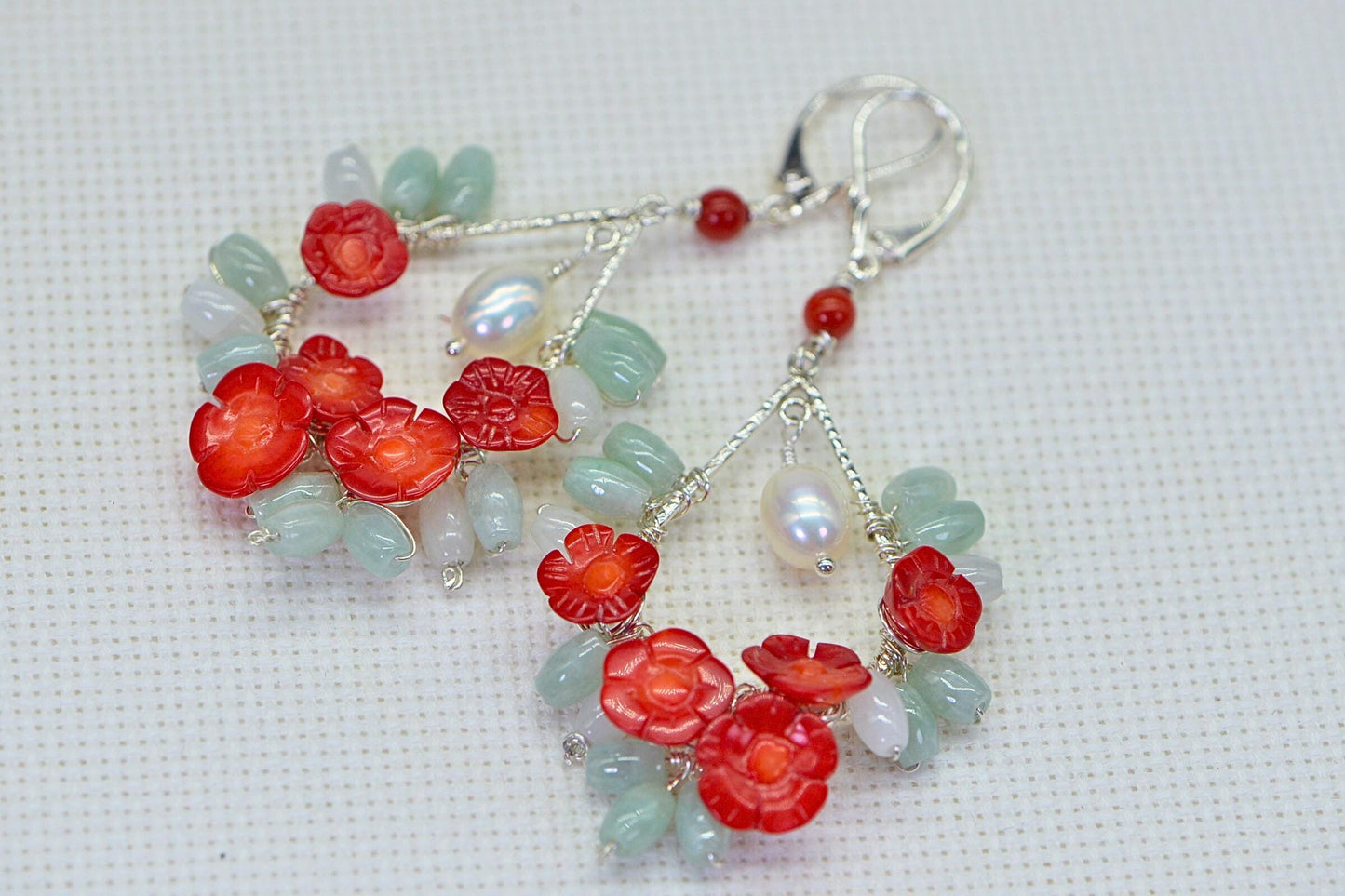 Handmade Sterling Silver Flower Earrings: Red Coral, Burma Jade & White Pearl