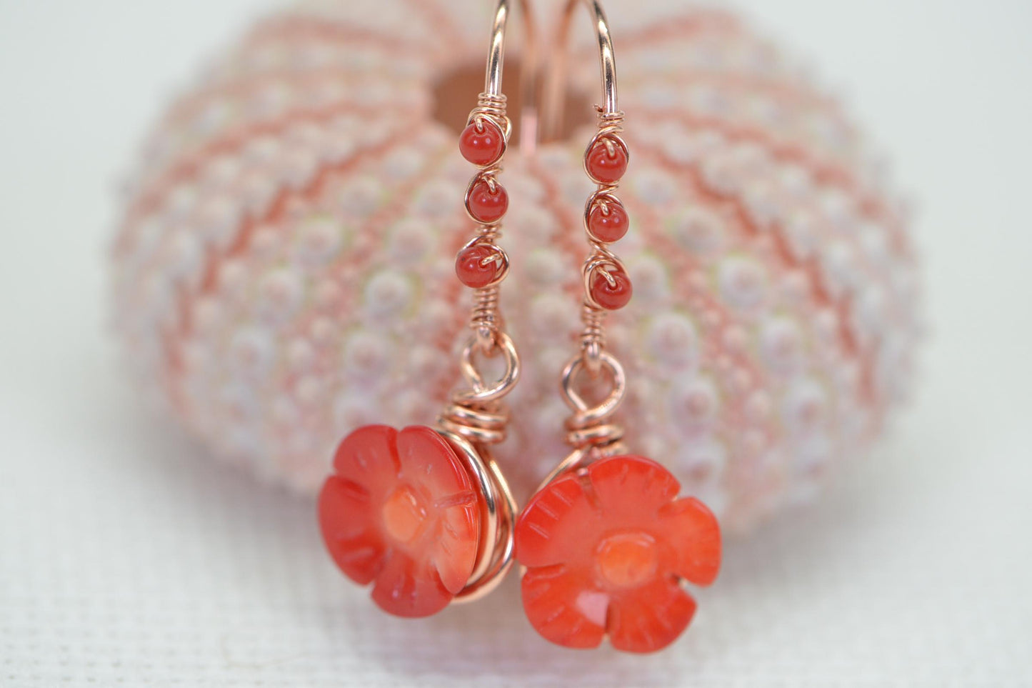 Carved Poppy Flower Red Coral Earrings: Wire Wrapped Copper