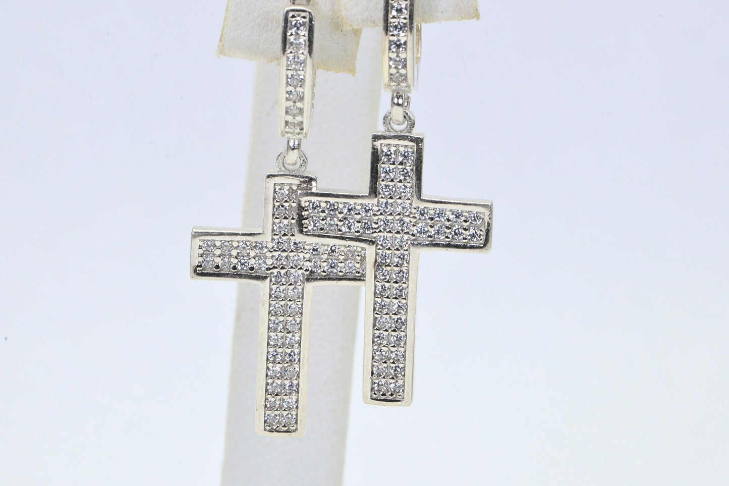 Diamond  Cross Earrings Dangle Latch Back 14K White Gold over Sterling Silver Earrings