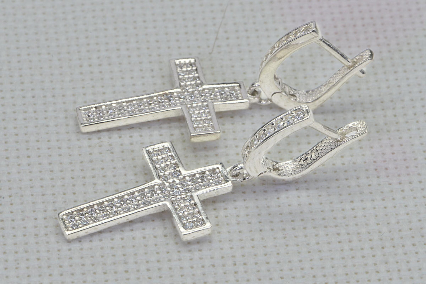 Diamond  Cross Earrings Dangle Latch Back 14K White Gold over Sterling Silver Earrings