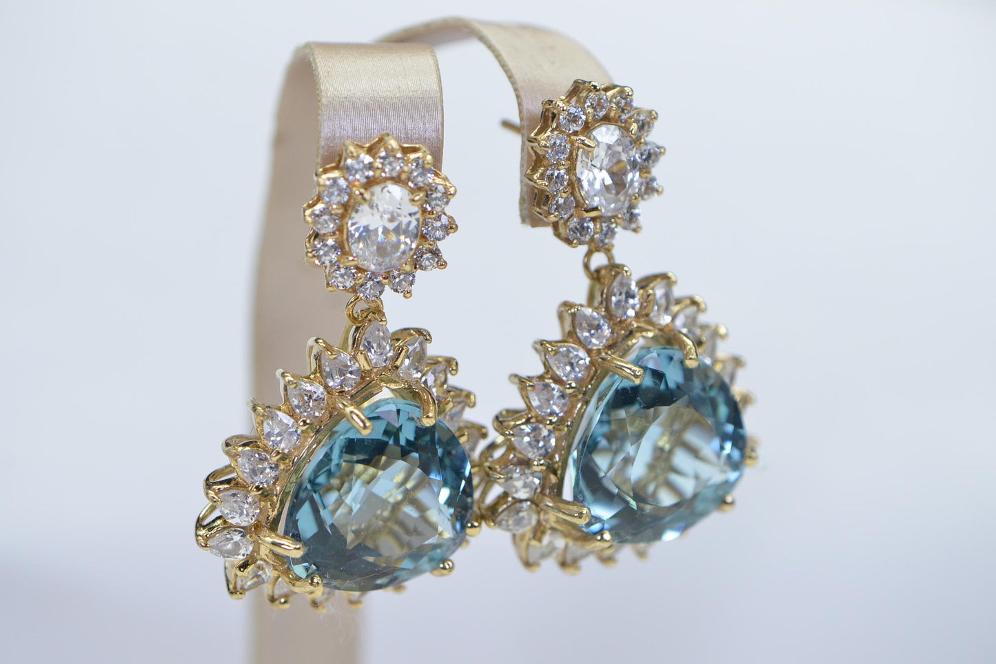 Vintage Aquamarine Statement Earrings: Trillion Cut, 14K Gold Over Sterling Silver