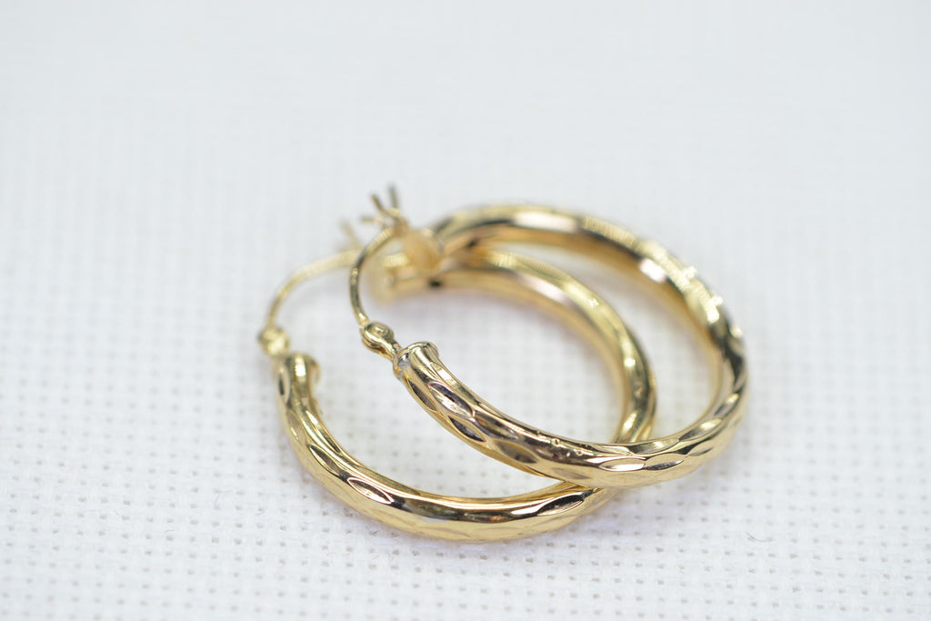 14K Gold Texture Style Hoop Earrings 14K Gold Over Sterling silver Vermeil Dome One Inch Hinge Hoop Earrings Gift for Women Birthday Gift