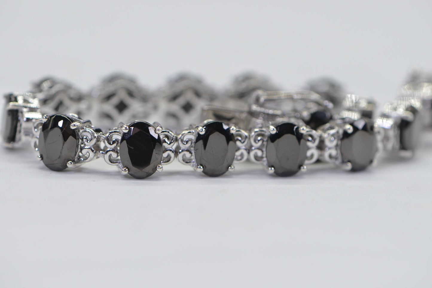 Black Tourmaline Tennis Bracelet: Platinum Over Sterling Silver, Filigree Setting