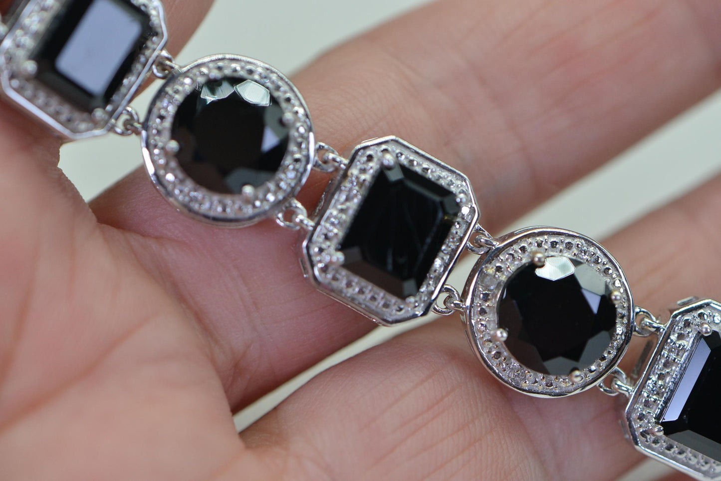 Black Tourmaline Sterling Silver Bracelet, Simulated Diamond Halo, 7 inch