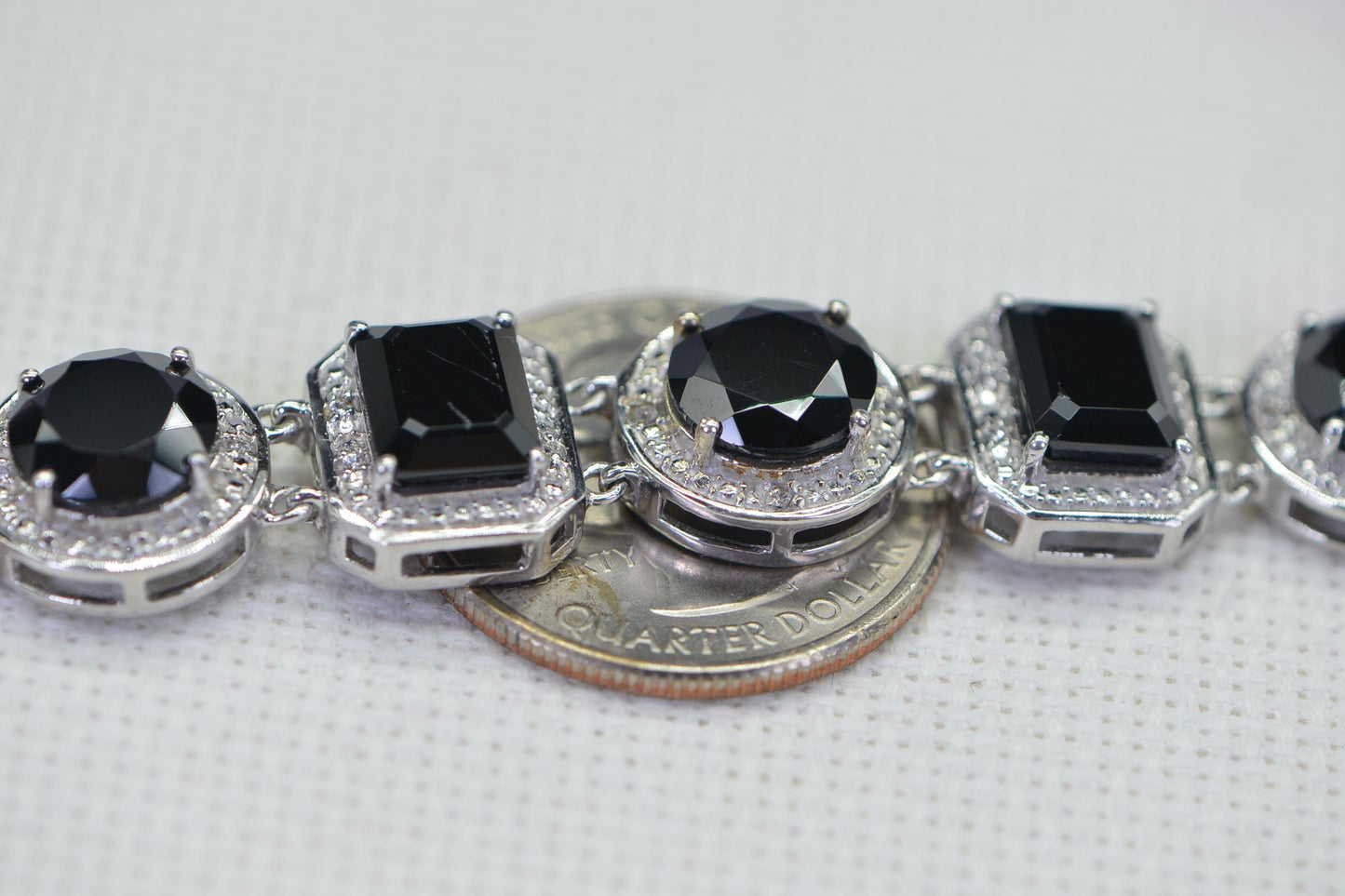 Black Tourmaline Sterling Silver Bracelet, Simulated Diamond Halo, 7 inch