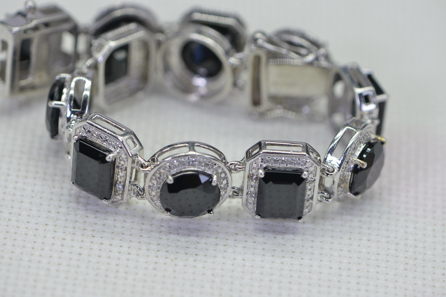 Black Tourmaline Sterling Silver Bracelet, Simulated Diamond Halo, 7 inch