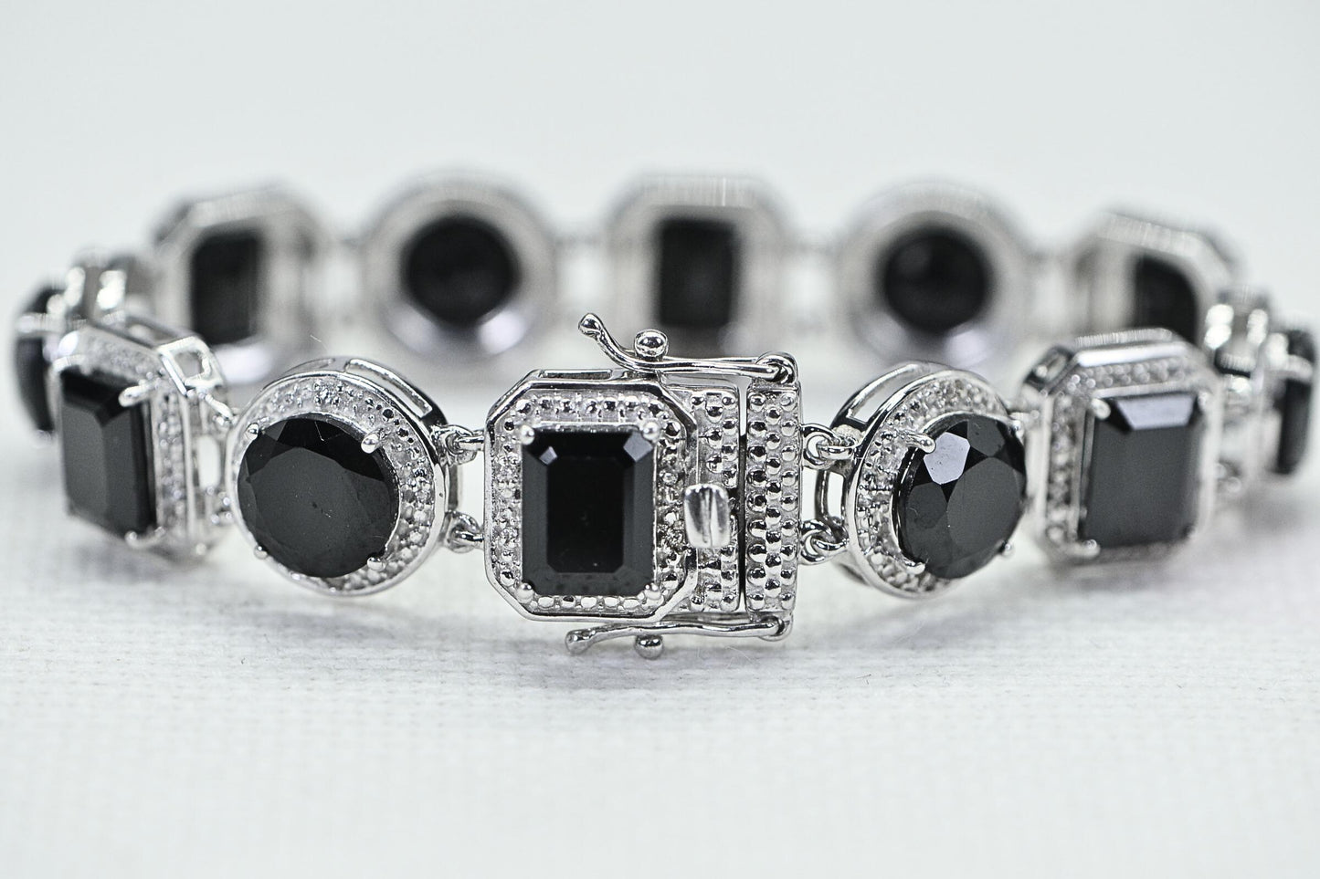 Black Tourmaline Sterling Silver Bracelet, Simulated Diamond Halo, 7 inch