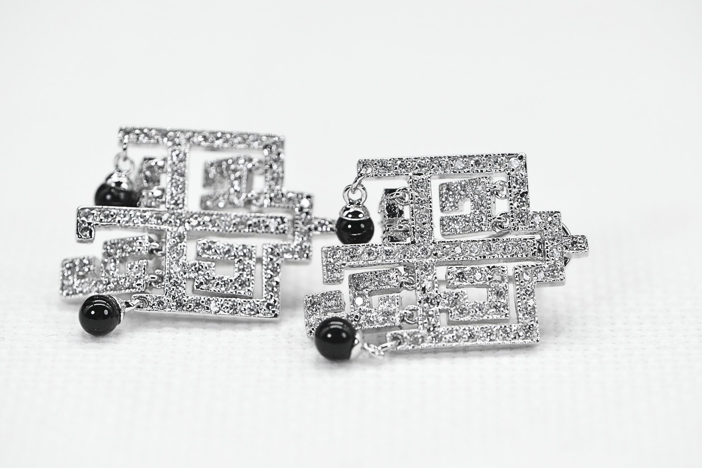 Greek Style White & Black Dangle Square Earrings – Designer Inspired