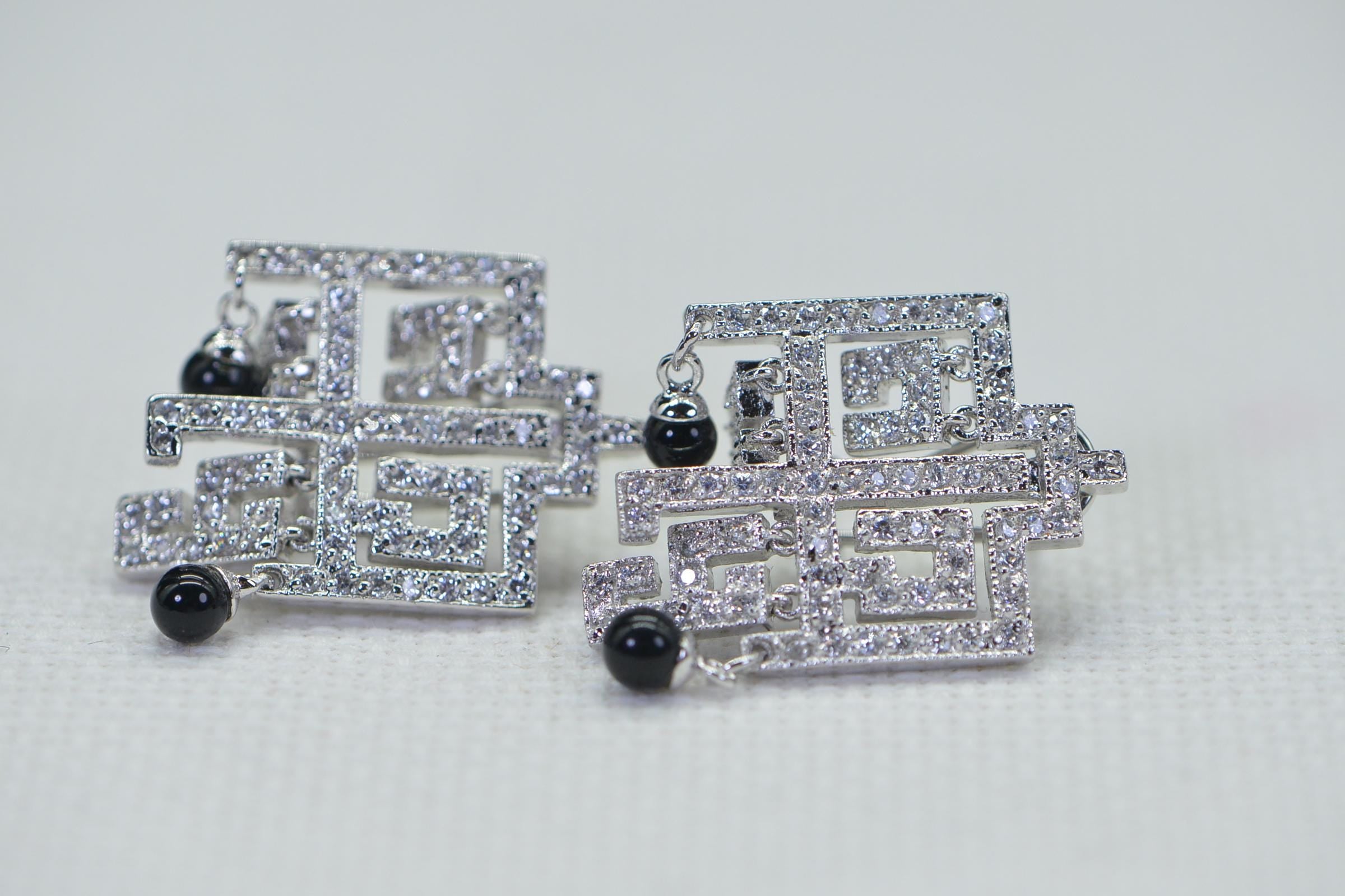 Greek Style White & Black Dangle Square Earrings – Designer Inspired