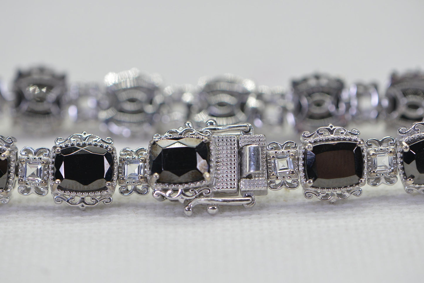 Black Tourmaline Tennis Bracelet: Platinum Over Sterling Silver, Simulated Diamond