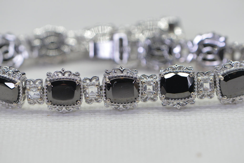 Black Tourmaline & White Topaz Sterling Silver Tennis Bracelet - 8 inch