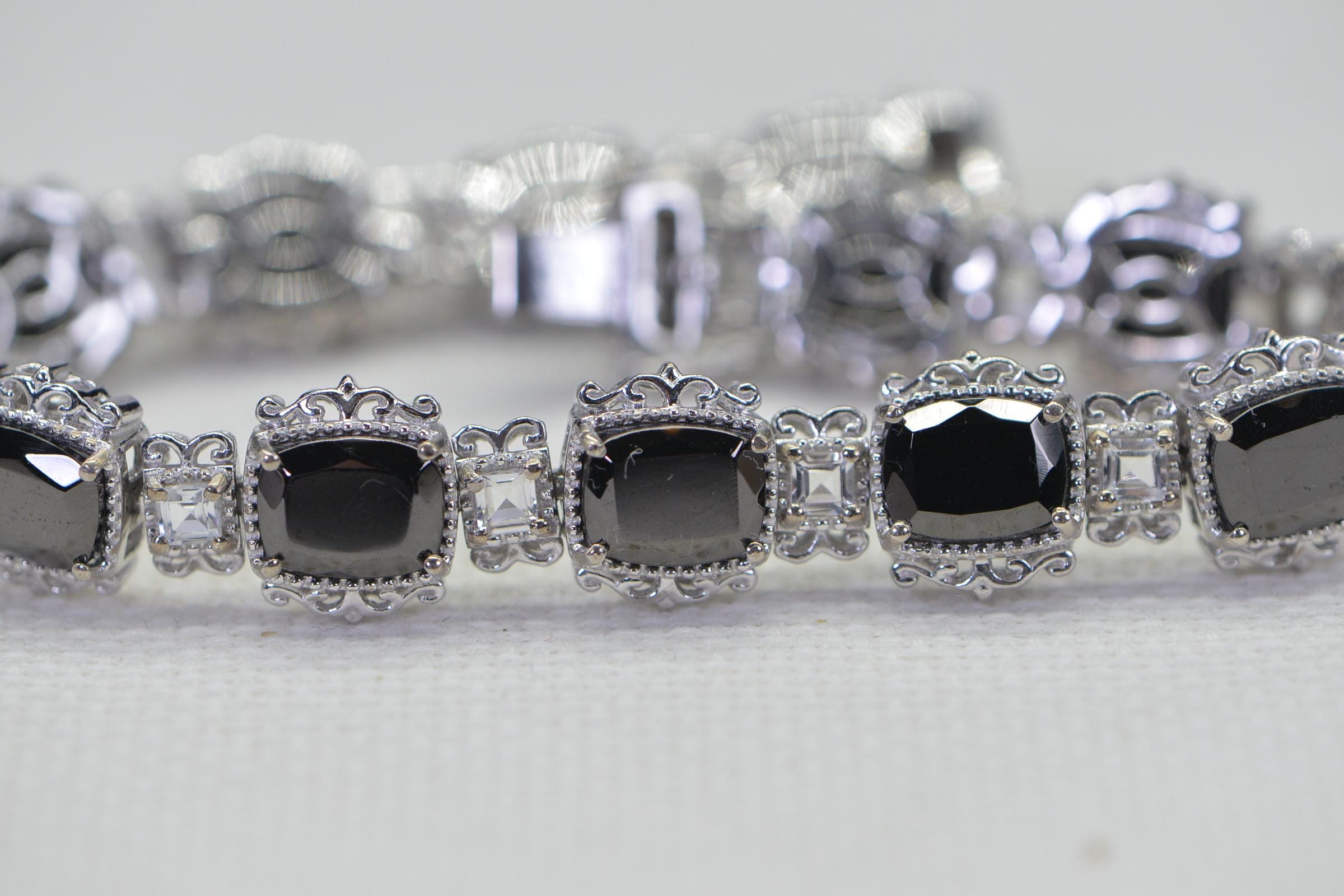 Black Tourmaline & White Topaz Sterling Silver Tennis Bracelet - 8 inch