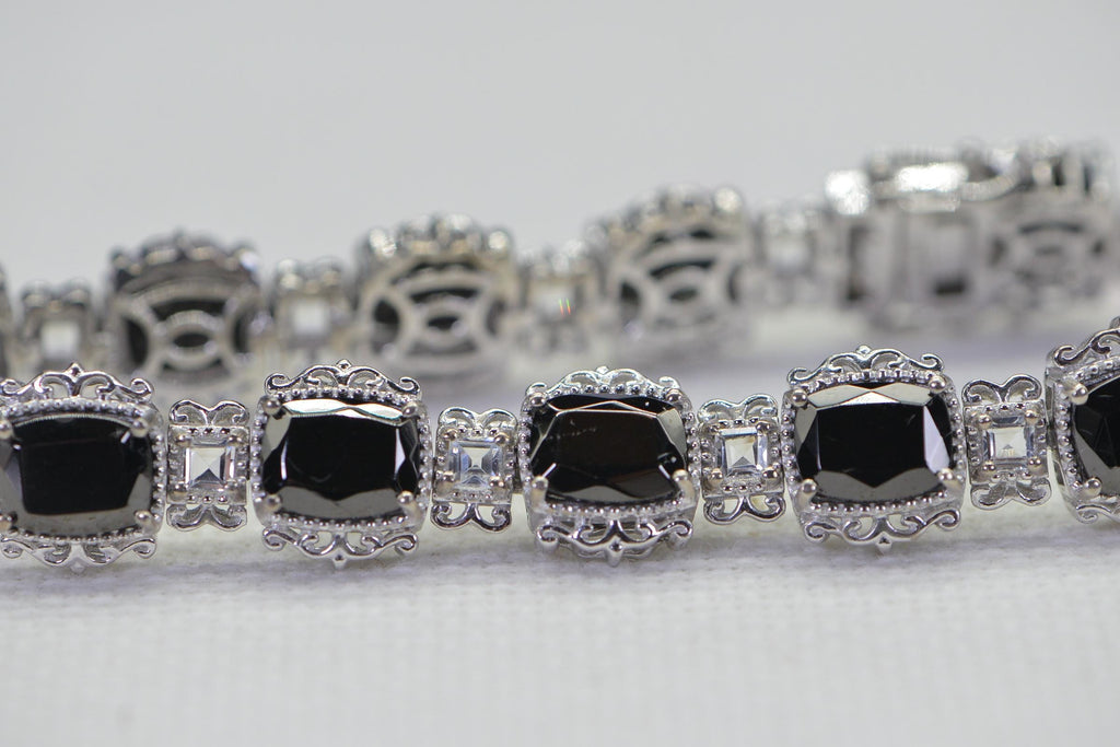 Black Tourmaline & White Topaz Sterling Silver Tennis Bracelet - 8 inch
