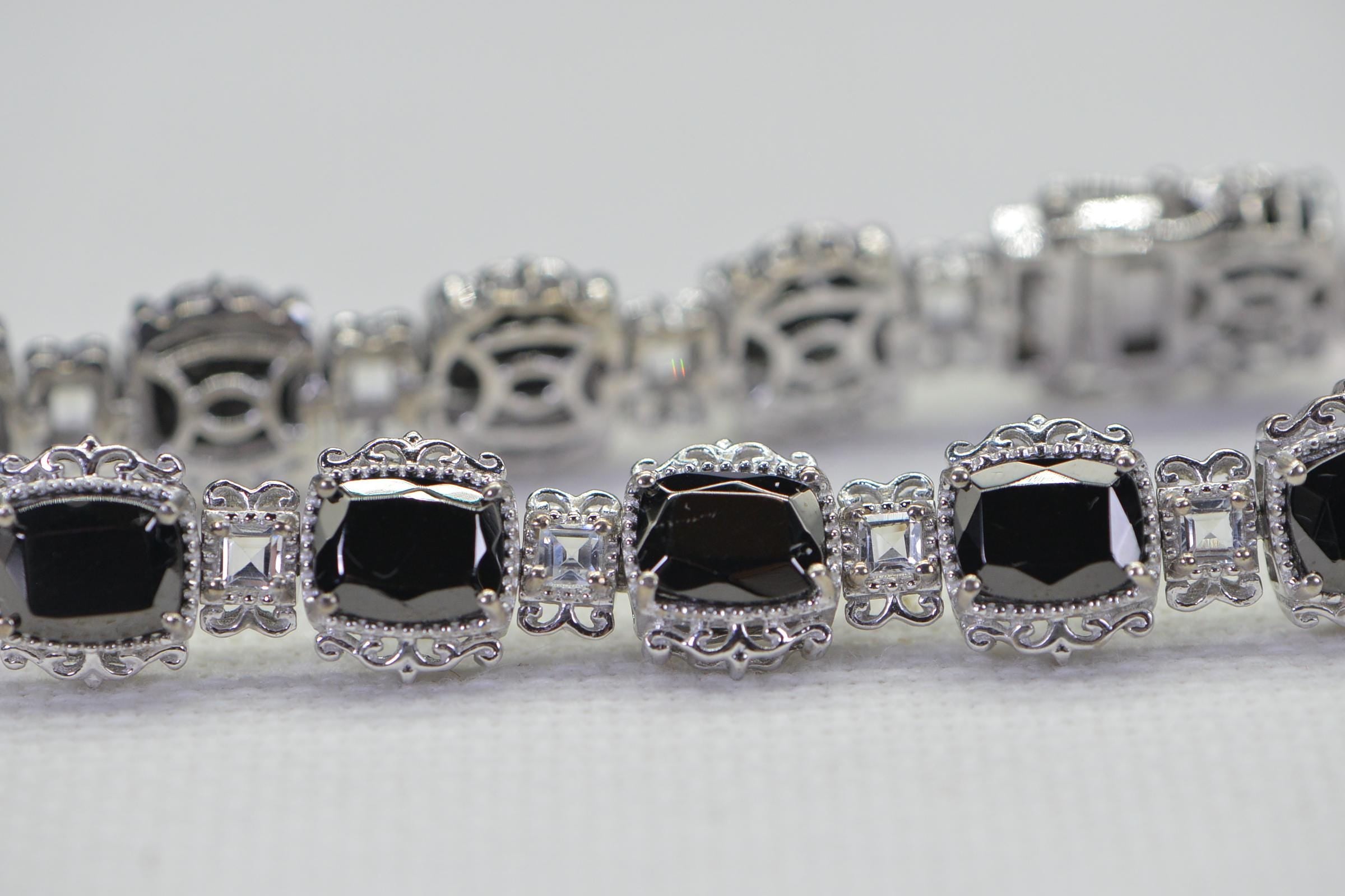 Black Tourmaline & White Topaz Sterling Silver Tennis Bracelet - 8 inch