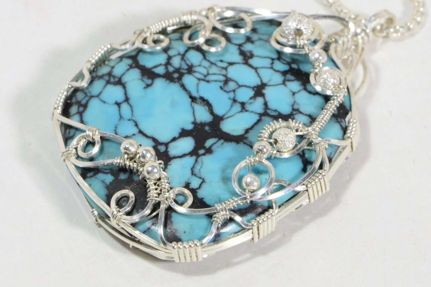 Spider Web Turquoise Pendant, Sterling Silver Wire Wrapped Jewelry