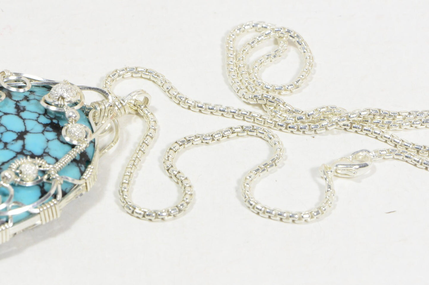 Spider Web Turquoise Pendant, Sterling Silver Wire Wrapped Jewelry