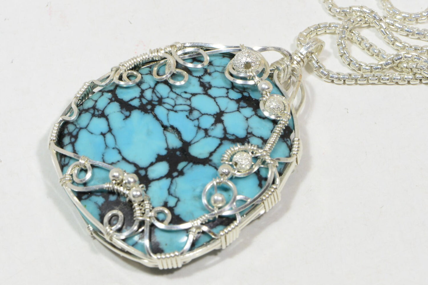 Spider Web Turquoise Pendant, Sterling Silver Wire Wrapped Jewelry