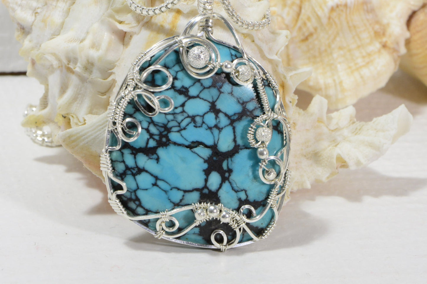 Spider Web Turquoise Pendant, Sterling Silver Wire Wrapped Jewelry