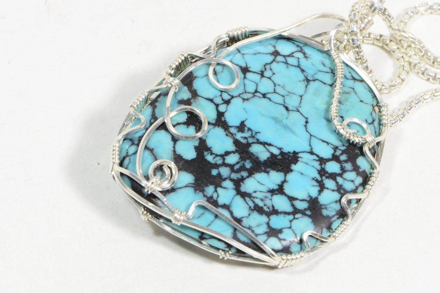 Spider Web Turquoise Pendant, Sterling Silver Wire Wrapped Jewelry