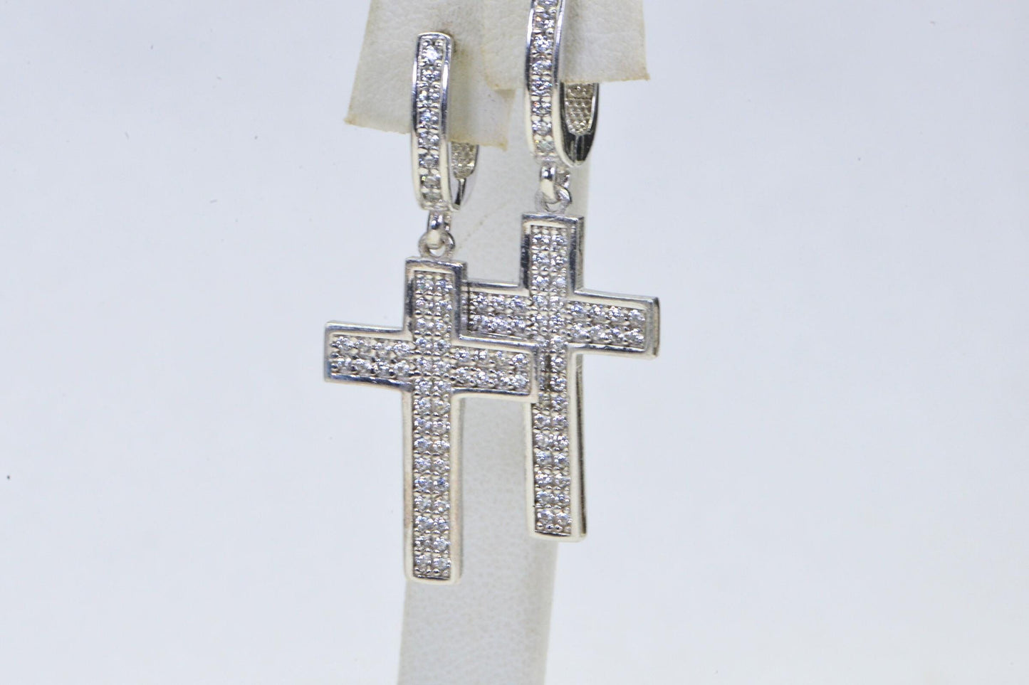 Diamond  Cross Earrings Dangle Latch Back 14K White Gold over Sterling Silver Earrings